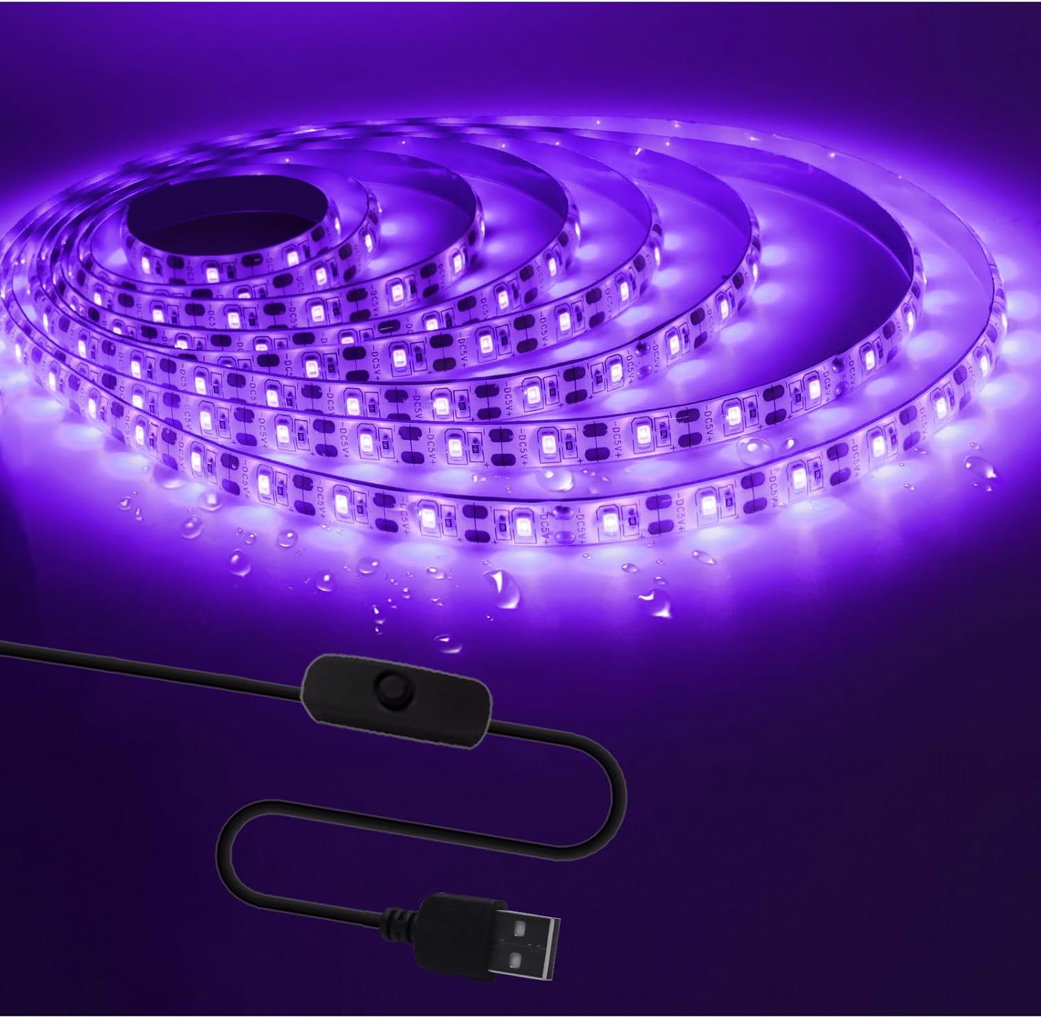 UV LED Strip Lights, 5V USB 9.84ft Black Light with Switch SMD 2835 395nm-405nm IP65 Waterproof Total 180 LEDs Rope Strips for Bar, Halloween Party, Club, Decoration