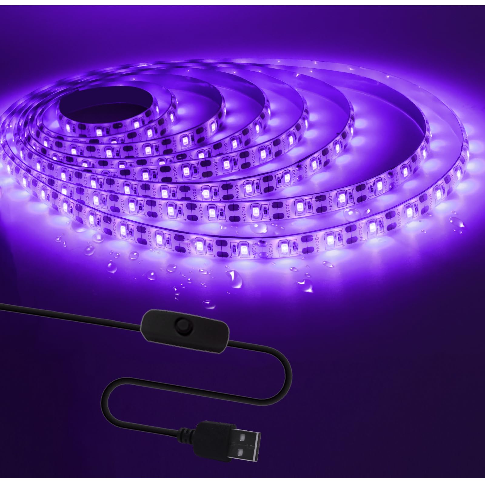 Tesfish UV LED Strip Lights, 5V USB 9.84ft Black Light with Switch SMD 2835 395nm-405nm IP65 Waterproof Total 180 LEDs Rope Strips for Bar, Halloween Party, Club, Decoration