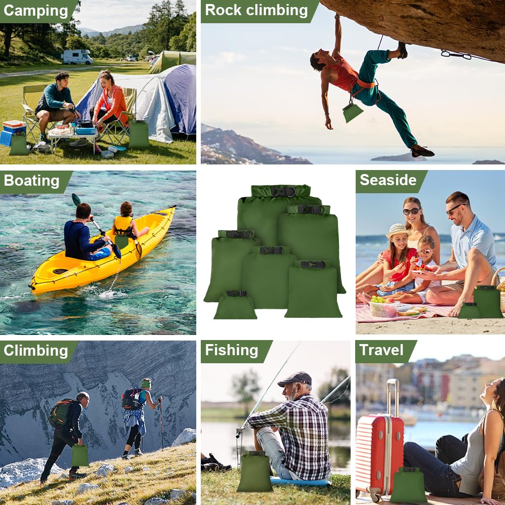 6 Piezas Bolsas Estancas Impermeable, 1.5/2.5/3/3.5/5/8L Bolsas Secas Ligeras, Bolsas Estancas Ligeras Portátil, para Kayak, Senderismo, Rafting, Camping, Pesca, Ciclismo(Verde) — view 7