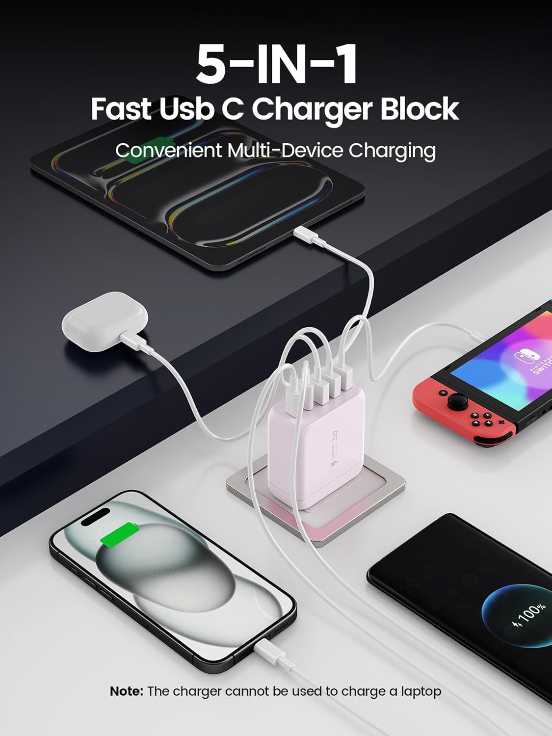 EIZLXQ USB C Charger Block, [2-Pack] Type C Charger Fast Charging,50W 5-Port USB Wall Charger Multiport Type C Charging Block Cube for iPhone 17/16/15/14/13/12/11 Pro Max XS,iPad,Samsung&More-Pink