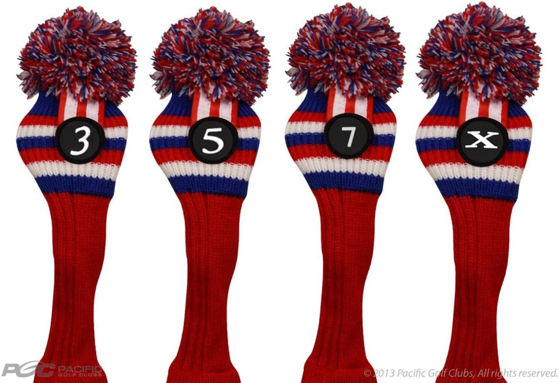 Pacific Golf Clubs Head Covers 3 5 7 X Red White and Blue Knit Retro Old School Vintage Stripe Pom Pom Throwback Classic
