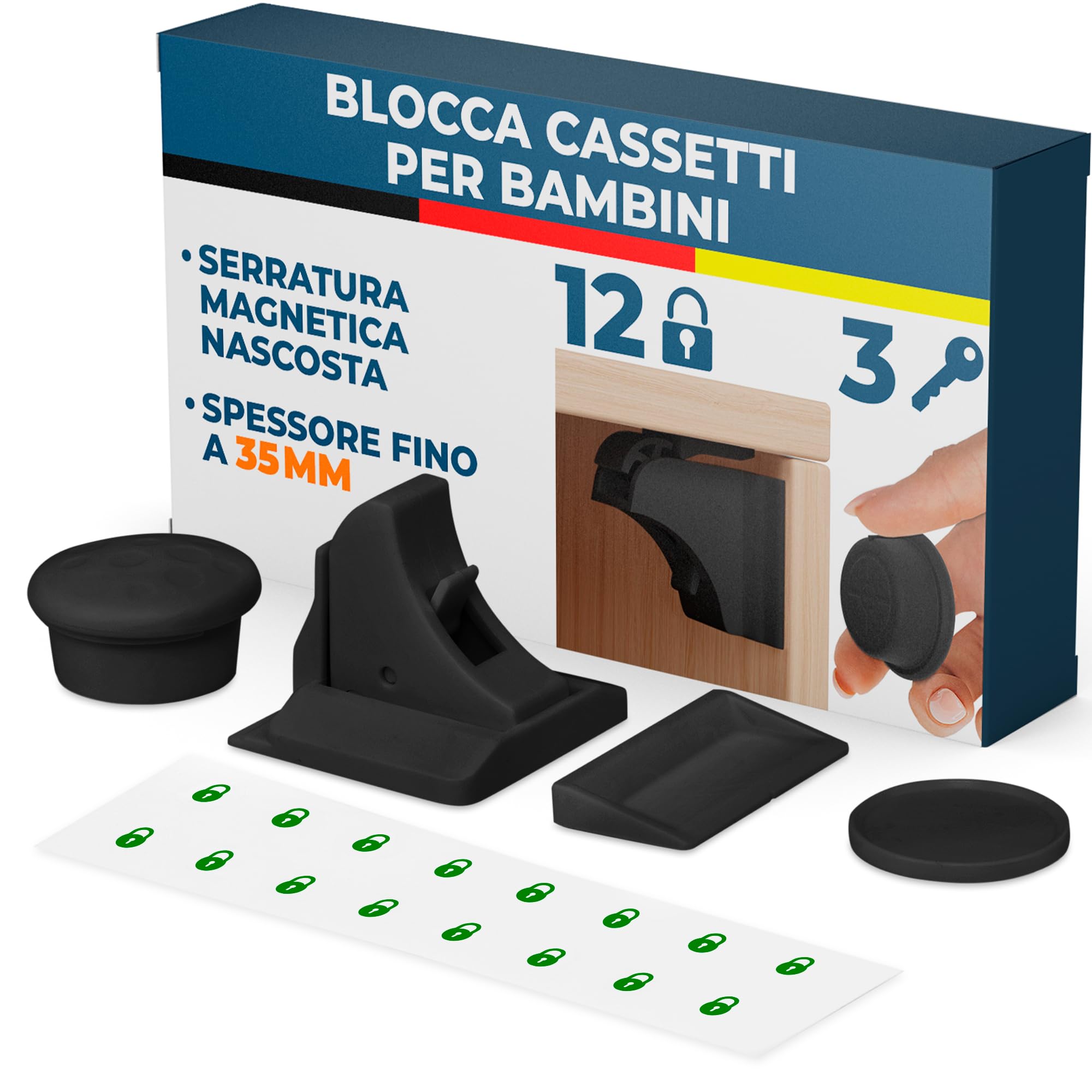 Hoffenbach Blocca Cassetti per Bambini, 12 Serrature + 3 Chiavi, Chiusura Magnetica per Cassetti e Ante, Sicurezza Mobili per Bambini – Nero