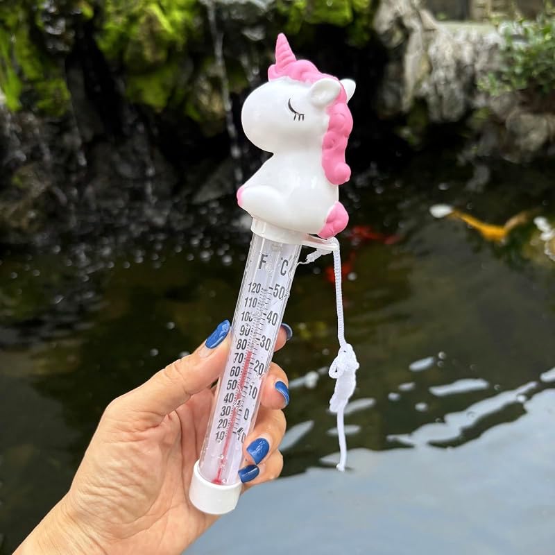 Cute Unicorn Shape Pool Thermometer Floating, Unicorn Horse Water Temperature Thermometer with String, Large Size Easy Read & Shatter Resistant Pool Accessories (Pink White Unicorn)
