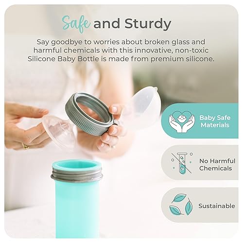 Miniatura 5 de Mason Bottle Biberón de silicona de 8 onzas con pezón de flujo medio (3 meses o más), biberón de lactancia, bolsa de silicona reutilizable para