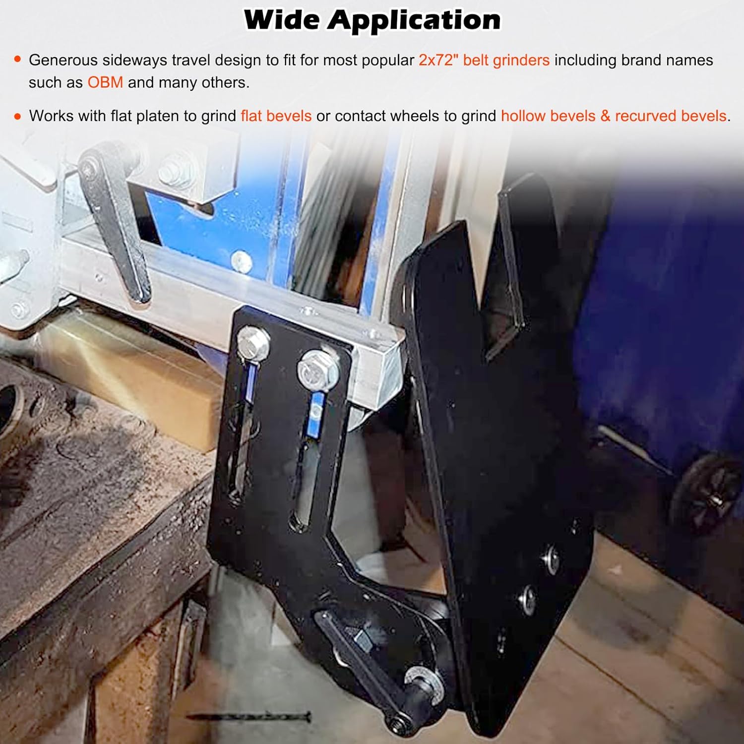 Belt Grinder Tilt Table Compatible with OBM and Most Other Popular 2" x 72" Knife Belt Grinders, Works with Flat Platen to Grind Bevels or Contact Wheels to Grind Hollow Bevels