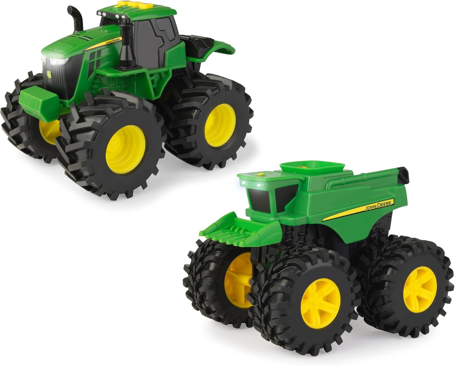 TOMY Monster Treads Monster Truck Toys - John Deere Tractor and Combine 2-Pack with Lights and Sounds - John Deere Toys with Durable Bouncy Tires - 2 Count - Ages 3 Years and Up