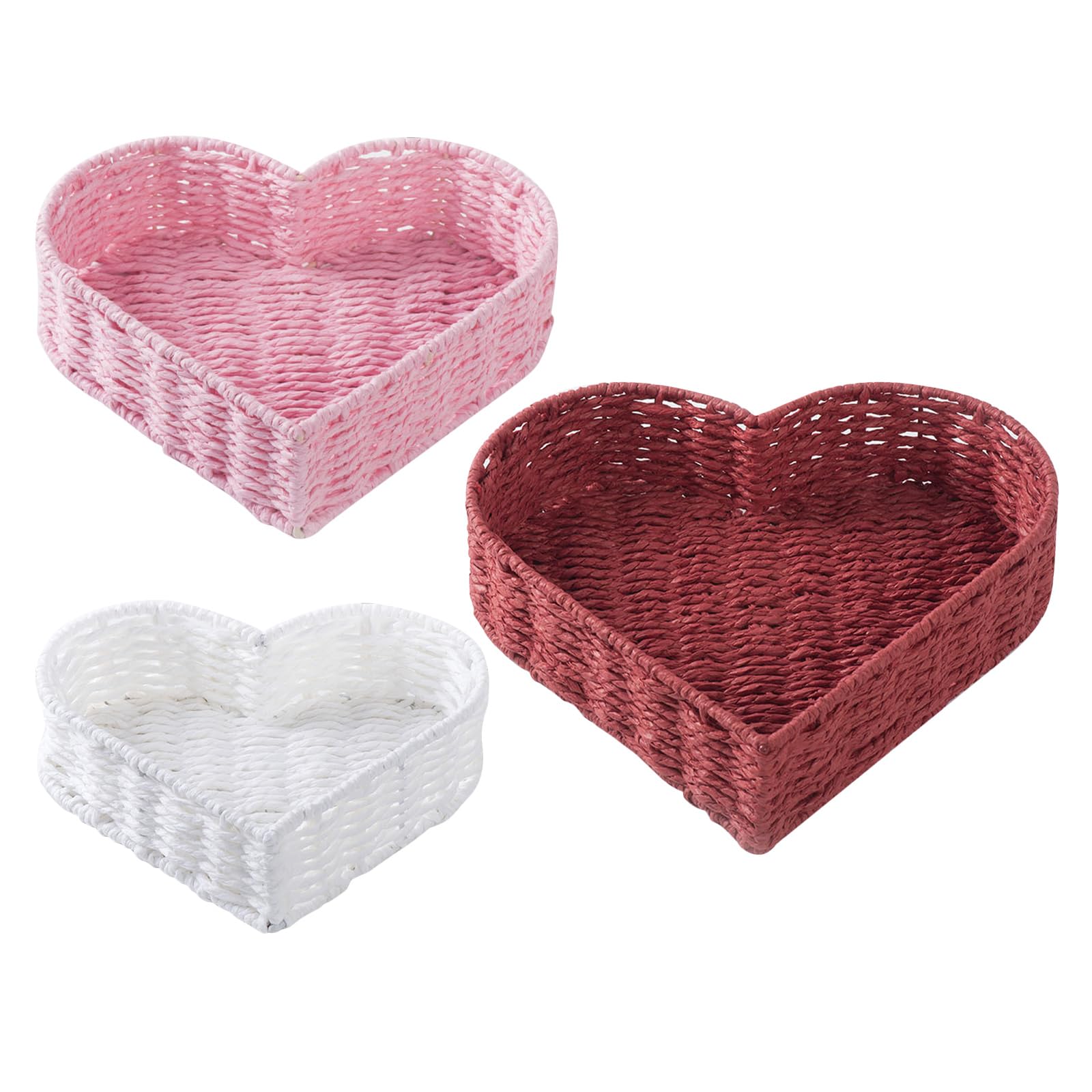 YARNOW Cesta Artesanal de Cuerda de Papel en Forma de Corazón para Organizar Baratijas y Joyas, Ligera y Decorativa para Entrada o Tocador, Pack de 3 Unidades