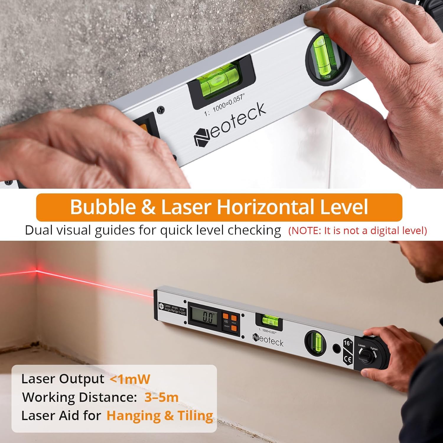 Neoteck Rapporteur d’Angle Laser 225° – Outil de Mesure d’Angle Numérique Précision ±0,5°, Règle d’Angle Aluminium avec Laser de Guidage, HOLD & Verrouillage, Bricolage, Menuiserie, Chantier - Argent