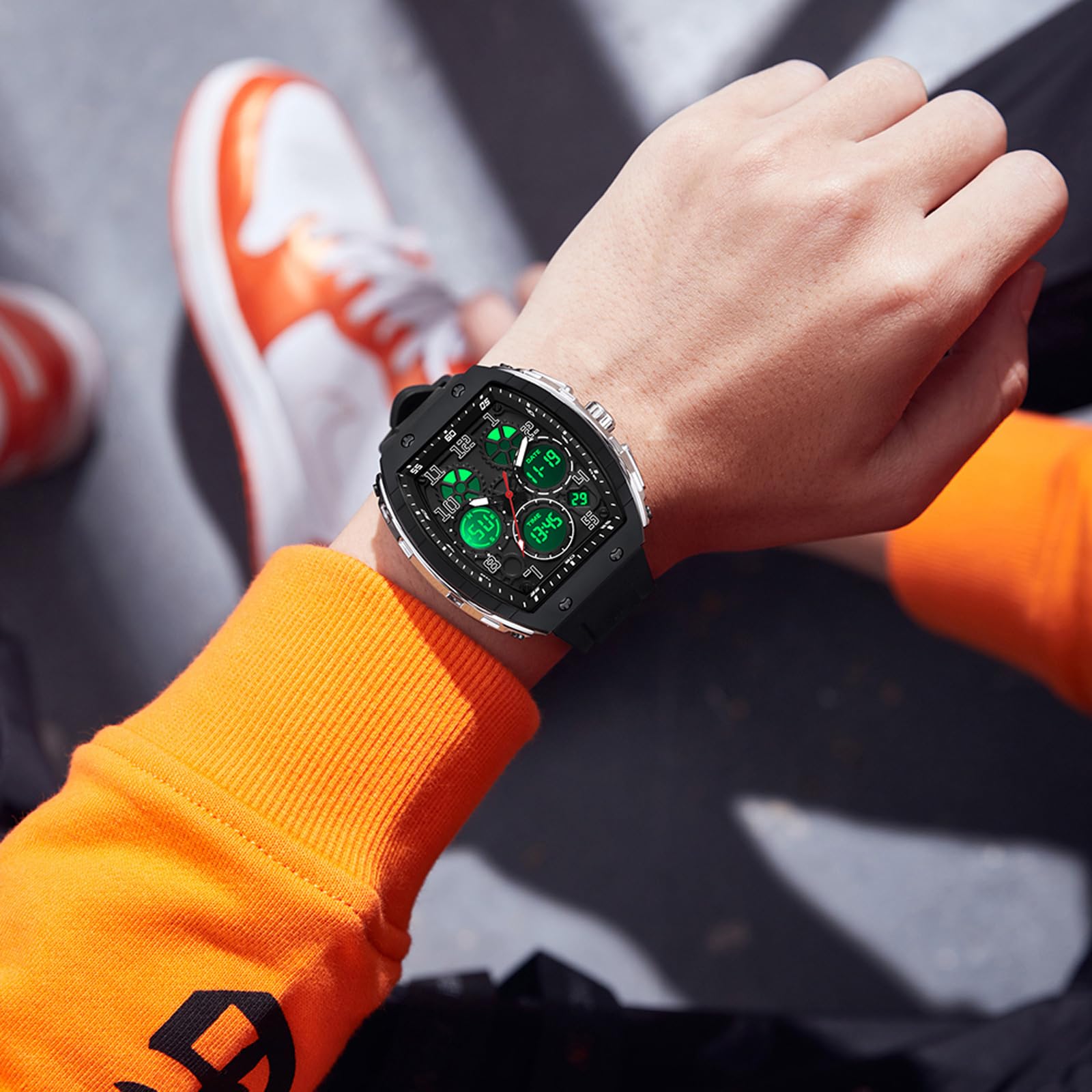findtime Orologio rettangolare da uomo, design alla moda, creativo, digitale, analogico, al quarzo, con timer doppio, cronometro 5 ATM, impermeabile, bianco