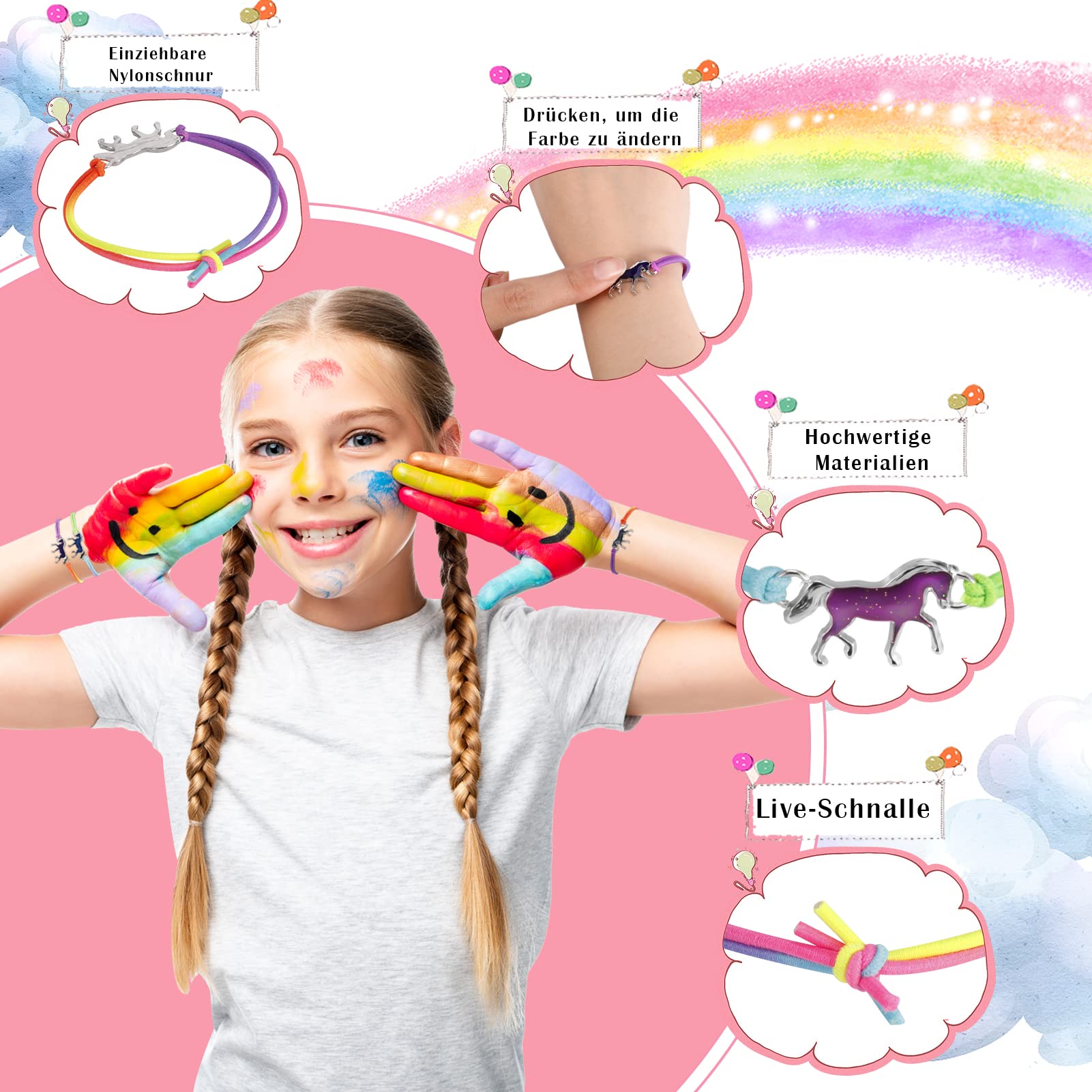 Lot de 4 bracelets d'humeur pour fille - Changement de couleur - Arc-en-ciel - 24,13 cm - Métal - Oxyde de zirconium