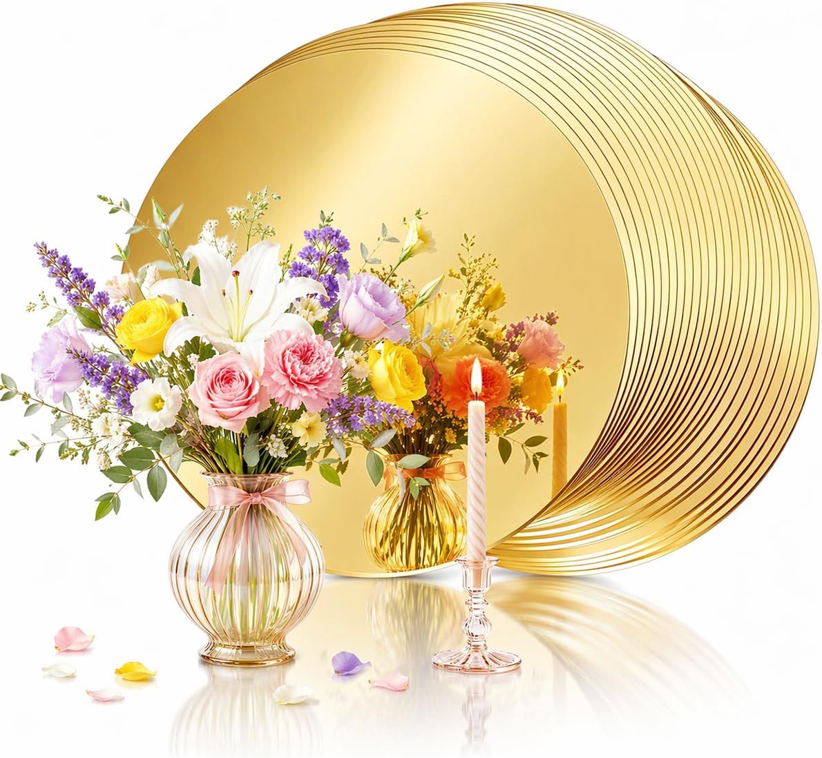 25PCS Round Mirror Centerpieces for Tables, 8" Gold Flat Circle Mirror Plates Candle Mirror Trays for Flowers Vases Craft DIY Birthday Wedding Table Centerpiece Party Supplies (8inch)
