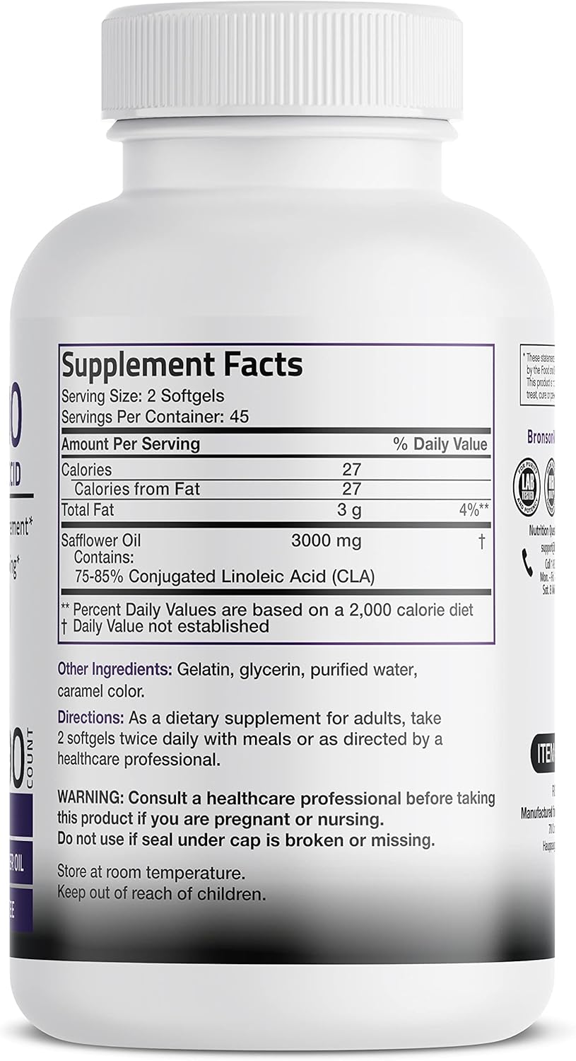 Bronson CLA 3000 Extra High Potency Supports Healthy Weight Management Lean Muscle Mass Non-Stimulating Conjugated Linoleic Acid, 90 Softgels : Health & Household
