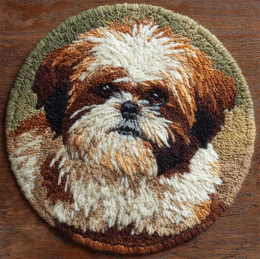 Round Latch Hook Rug Kit Shih Tzu Dog 20X20Inch (50X50Cm) Patterns Diy Crochet Round Carpet For Adults Beginners, Pre-Printed Canvas Yarn Rug Hooking Kits, Creative Craft Home Decor Ideal F