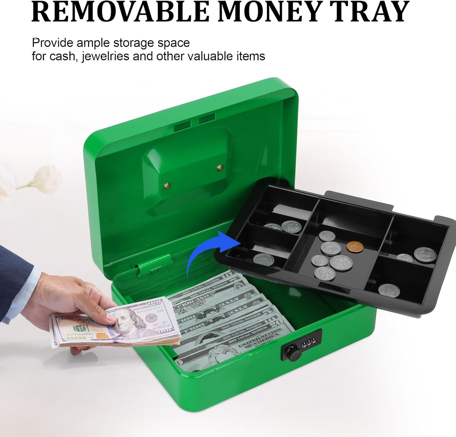 POLSPAG 大型ロックキャッシュボックス コンビネーションロック付き メタルマネーボックス マネートレイ付き 丈夫 お金を節約 収納ボックス  2色選べる キャッシュボックス 鍵付き ロック 小型金庫 ミニ金庫 コンパクト 手提げ金庫 小銭 コイン お札 お金 アクセサリー ...