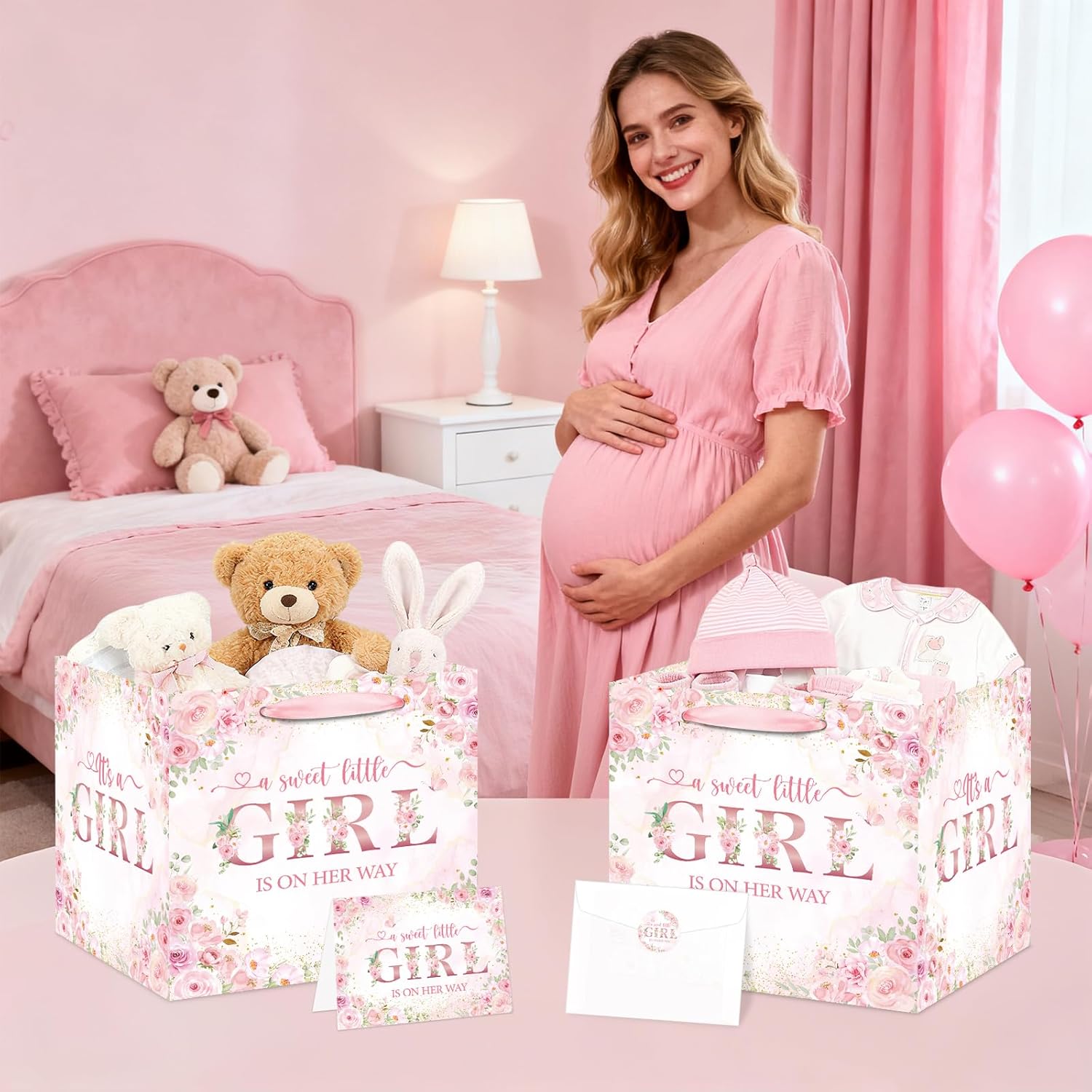 Extra Large Baby Girl Gift Bag Square Jumbo Pink Floral Baby Shower Bag with Wrapping Paper Card Sticker Envelope for New Baby Girls, Daughter, Granddaughter, Niece, Gifts for Newborns Party Favors - Image 5