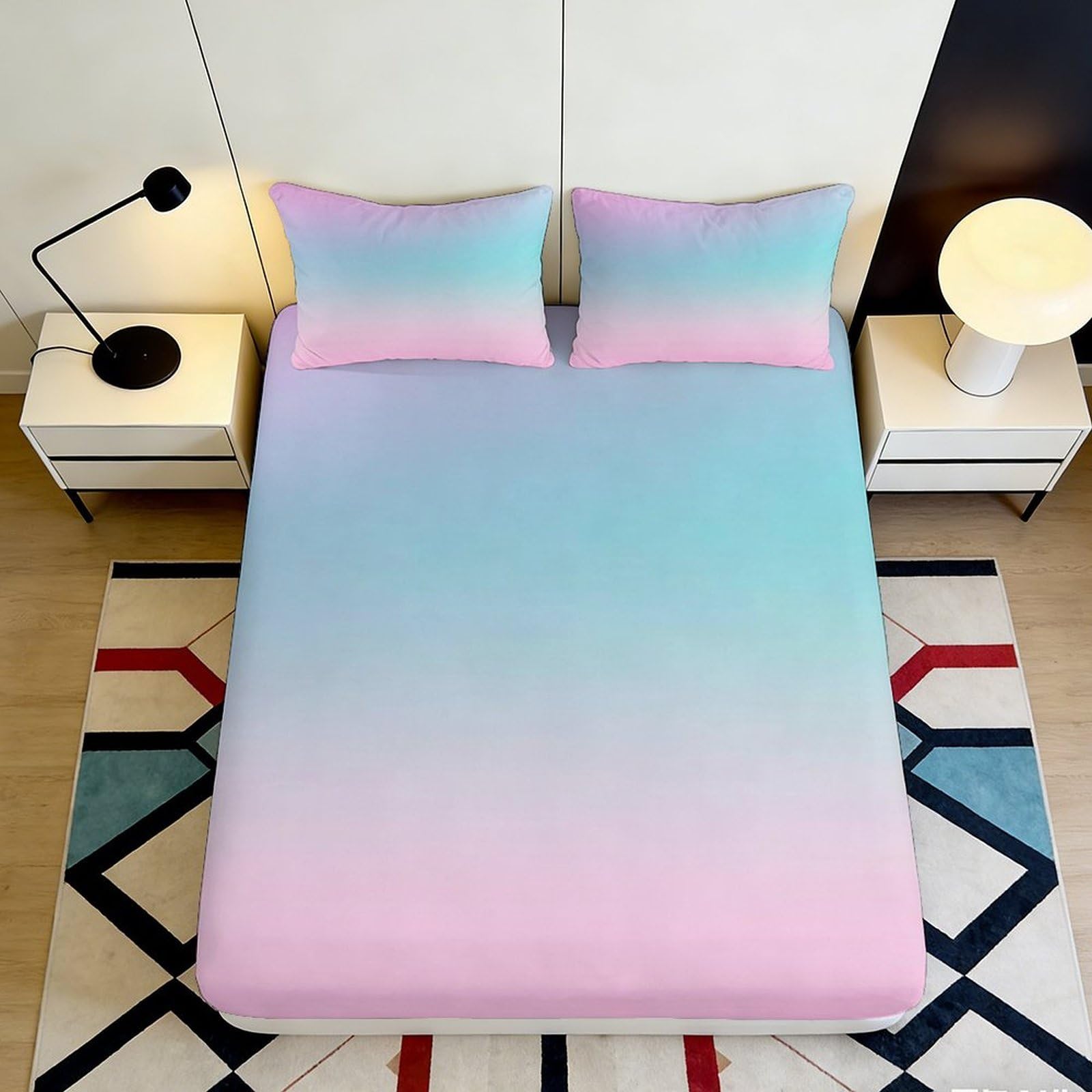 3D Printed Pastel Gradient Fitted Sheet Microfiber Soft Breathable Ombre Bed Cover for Bedroom Dormitory Guest Room Mattress Protection Decor 140x200x25cm