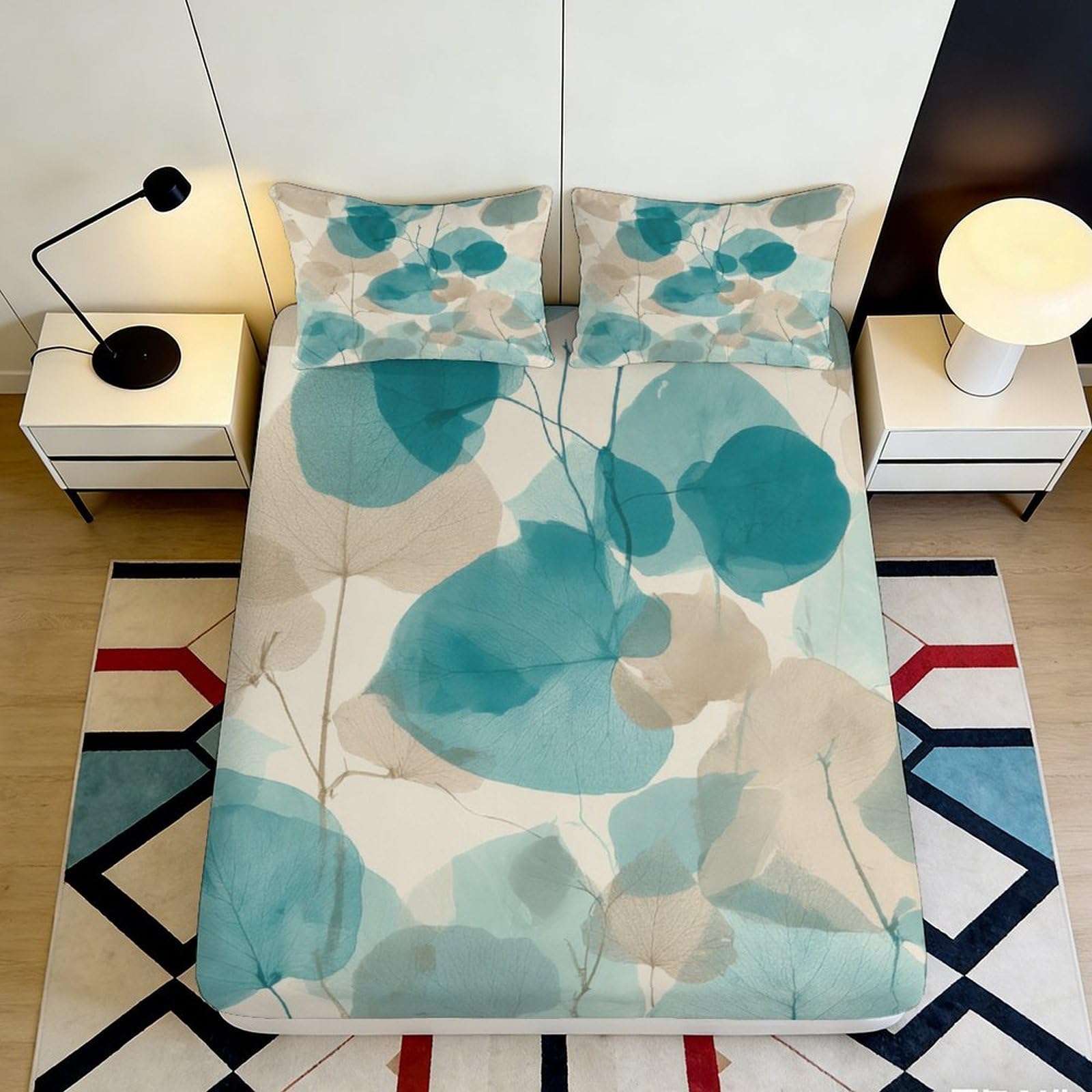 3D Printed Abstract Watercolor Fitted Sheet Microfiber Soft Aqua Blue Geometric Bed Cover for Bedroom Guest Room Mattress Protection 90x200x25cm