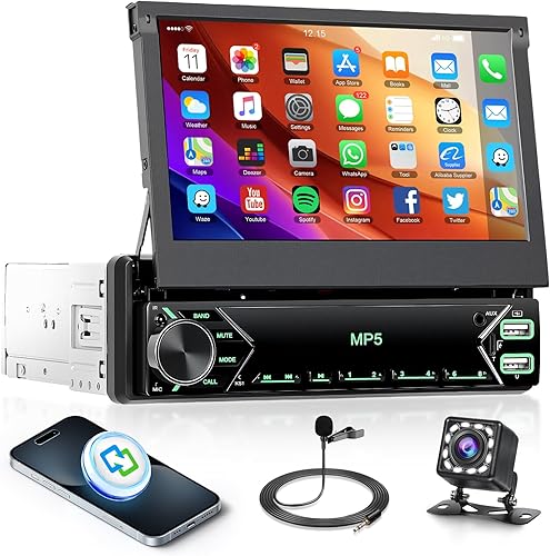 Estéreo de coche con pantalla táctil de un solo DIN, estéreo de coche con pantalla abatible de 7 pulgadas con receptores de audio Bluetooth para