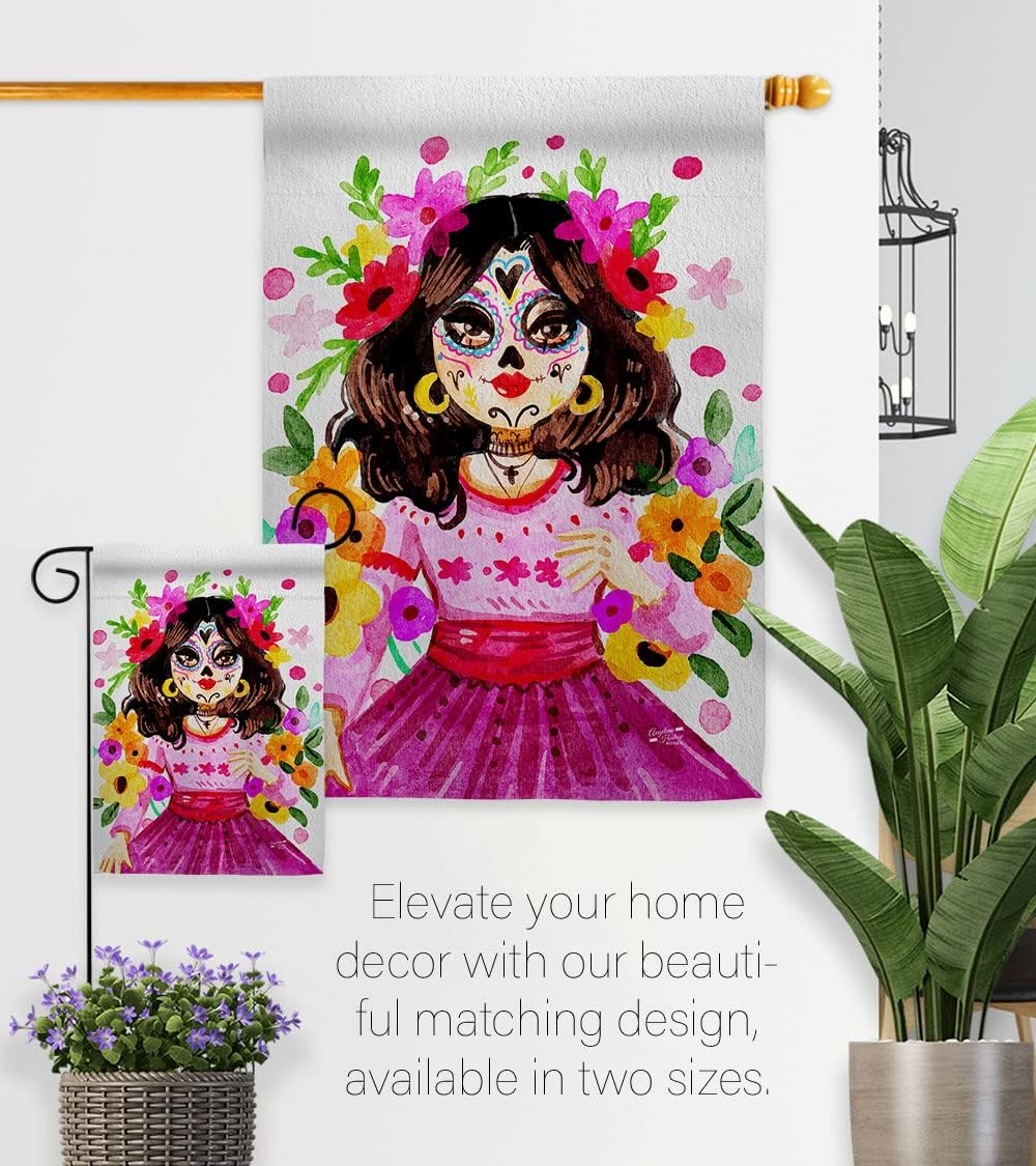La Catrina House Flag Falltime Day of Dead Dia De Los Muertos Fiesta Mexican Party Autumntime Decoration Banner Small Garden Yard Gift Double-Sided, Made in USA