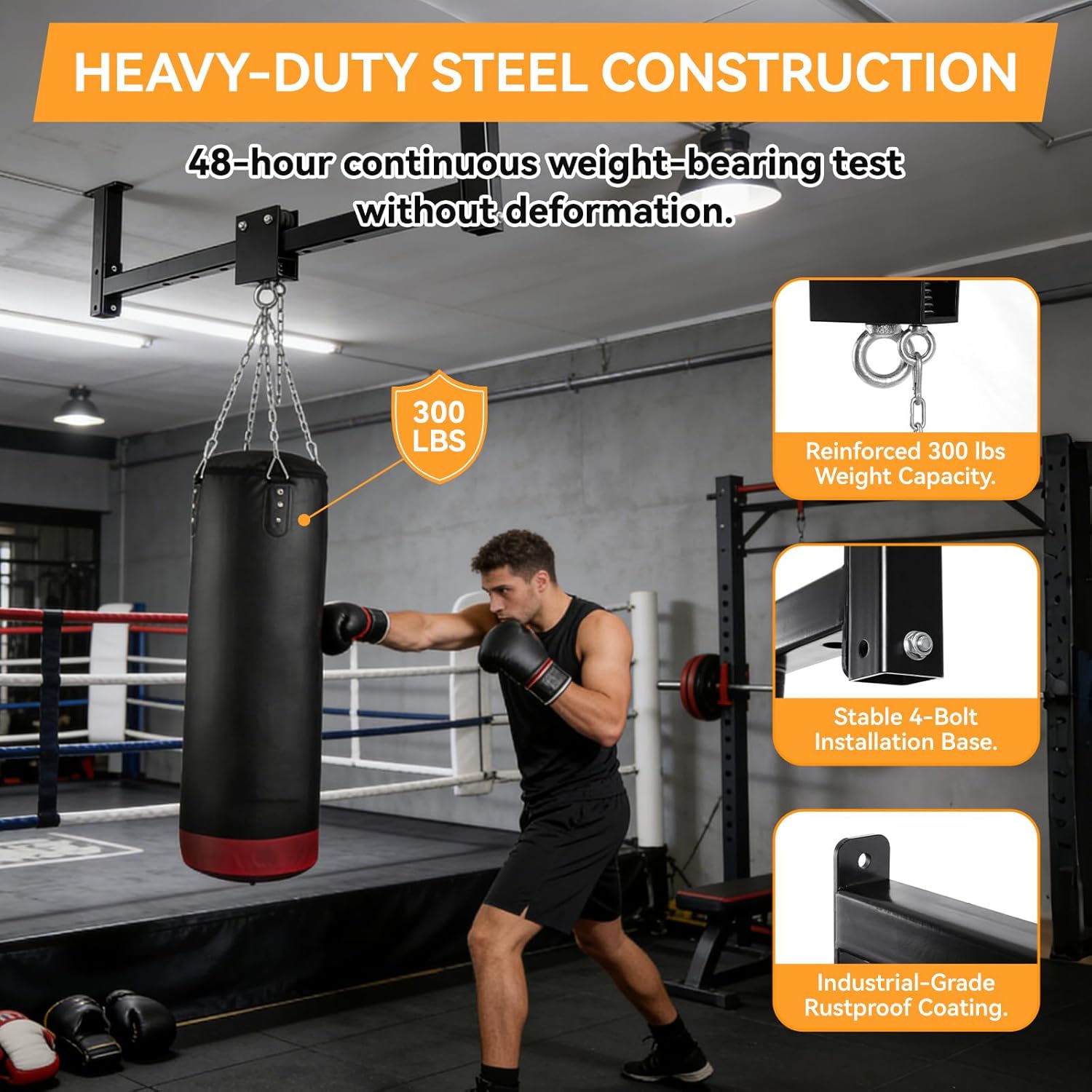 Heavy Bag Hanger Wall Ceiling Mount with Roller System, 300 LB Capacity Adjustable Punching Bag Hanger, Sliding Bracket for Boxing, Kickboxing, MMA Training