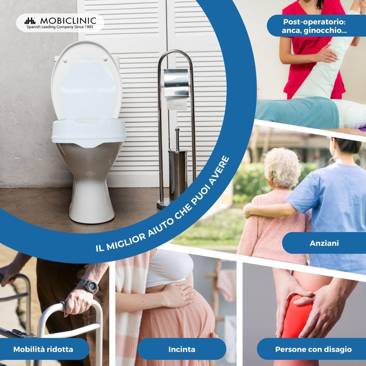Mobiclinic®, Rialzo wc per Anziani, Altezza 10 cm, Alza water, Con coperchio, Mobilità ridotta, Sistema di fissaggio laterale, Ausili, Bianco, Titán