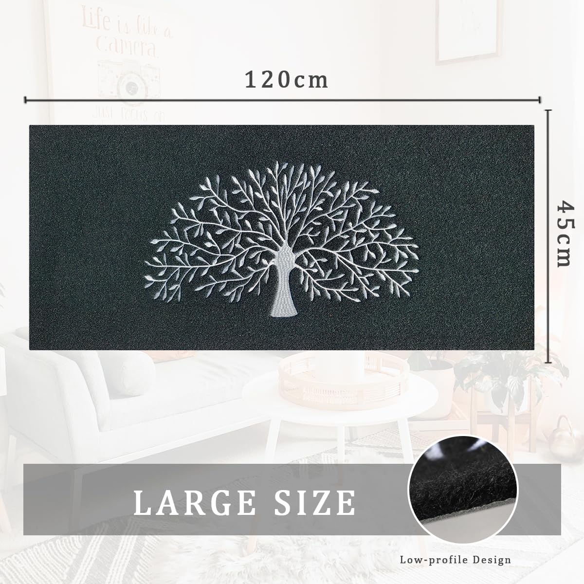 AOAOPQ Grand paillasson d'intérieur - 45 x 120 cm - Arbre de Vie - Lavable - Anti-saleté - Antidérapant - Absorbant - pour entrée, terrasse, intérieur et extérieur - Noir