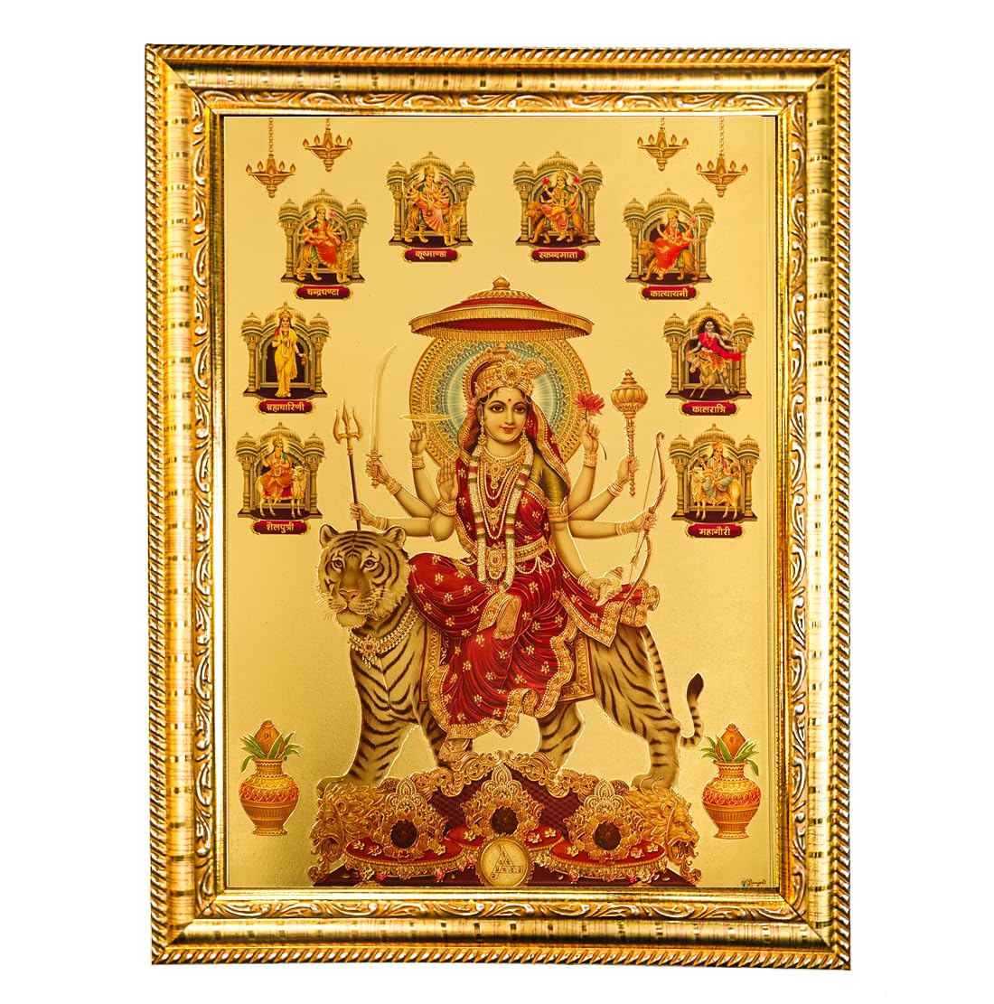 Hawai Gold Plated Nav Durga Sherawali Maa Ambe Maa Engineered Wood Wall Hanging Photo Frame | Goddess Durga Religious Wall Décor for Pooja Room, Home & Office | Spiritual Gift Item | 36x26x2 cm | SFDI00544GLDFRM-image-28