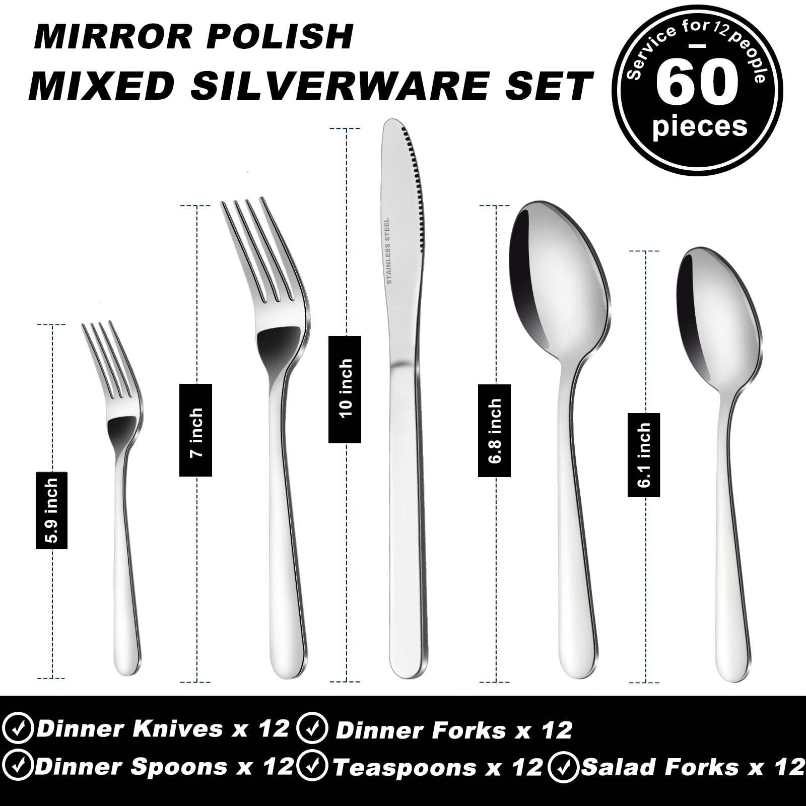 Bestdin Silverware Set for 12, 60-Piece Spoons and Forks Set, Food-Grade Cutlery Set, Stainless Steel Forks and Spoons Silverware Set, Flatware sets Includes Knife/Fork/Spoon, Dishwasher Safe.