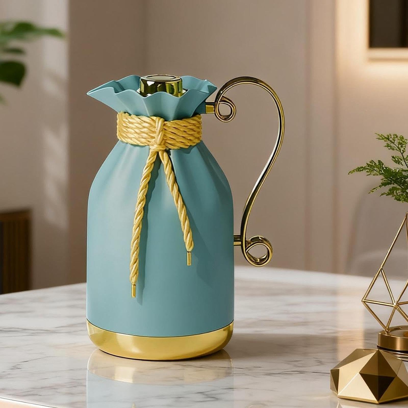 Brocca//caraffa da caffè/teiera Termica con Vetro Resistente al Calore E Manico in PP, Coperchio Antigoccia E Beccuccio per Bevande Calde E, Oro Blu