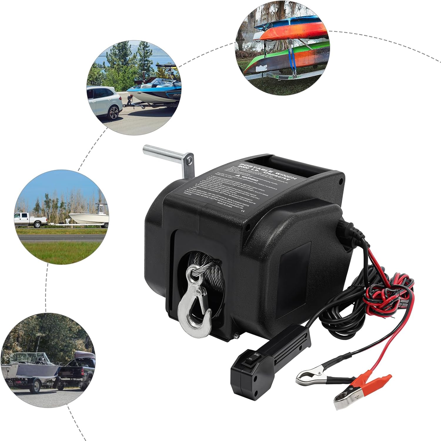 Marine Trailer Utility Electric Winch Kit, 2000lb Load Capacity Portable Winch, Reversible Winch, 12V Marine Winch with Practical Handle