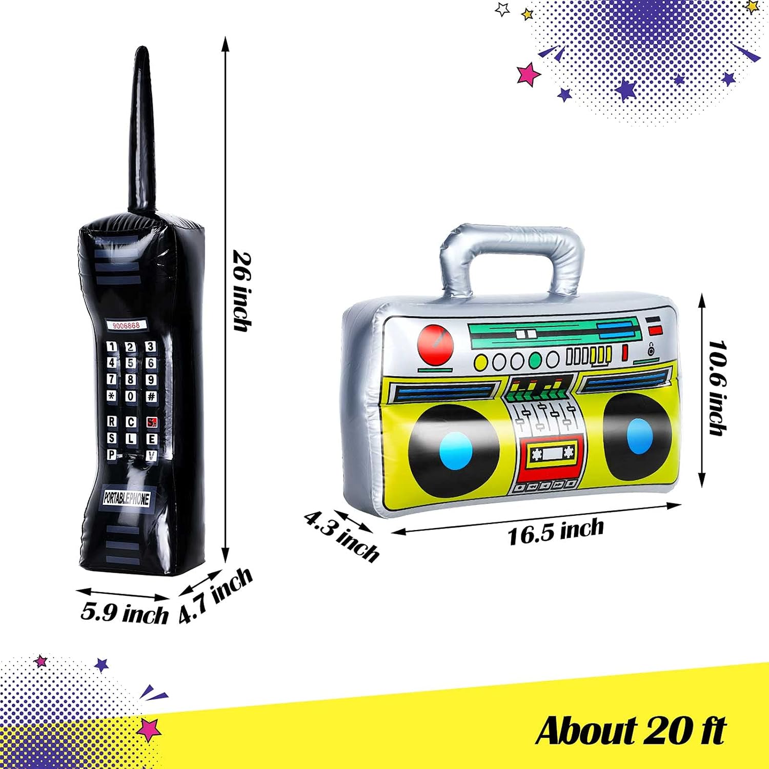 80s 90s Party Supplies Set Include 16.5 x 10.6 Inch Inflatable Radio Boom Box 5 x 3 Feet Aerated Graffiti Backdrop 26 x 6 Inch Inflatable Mobile Phone for Cosplay Prop Hip Hop Party (Stylish Style) - Image 4