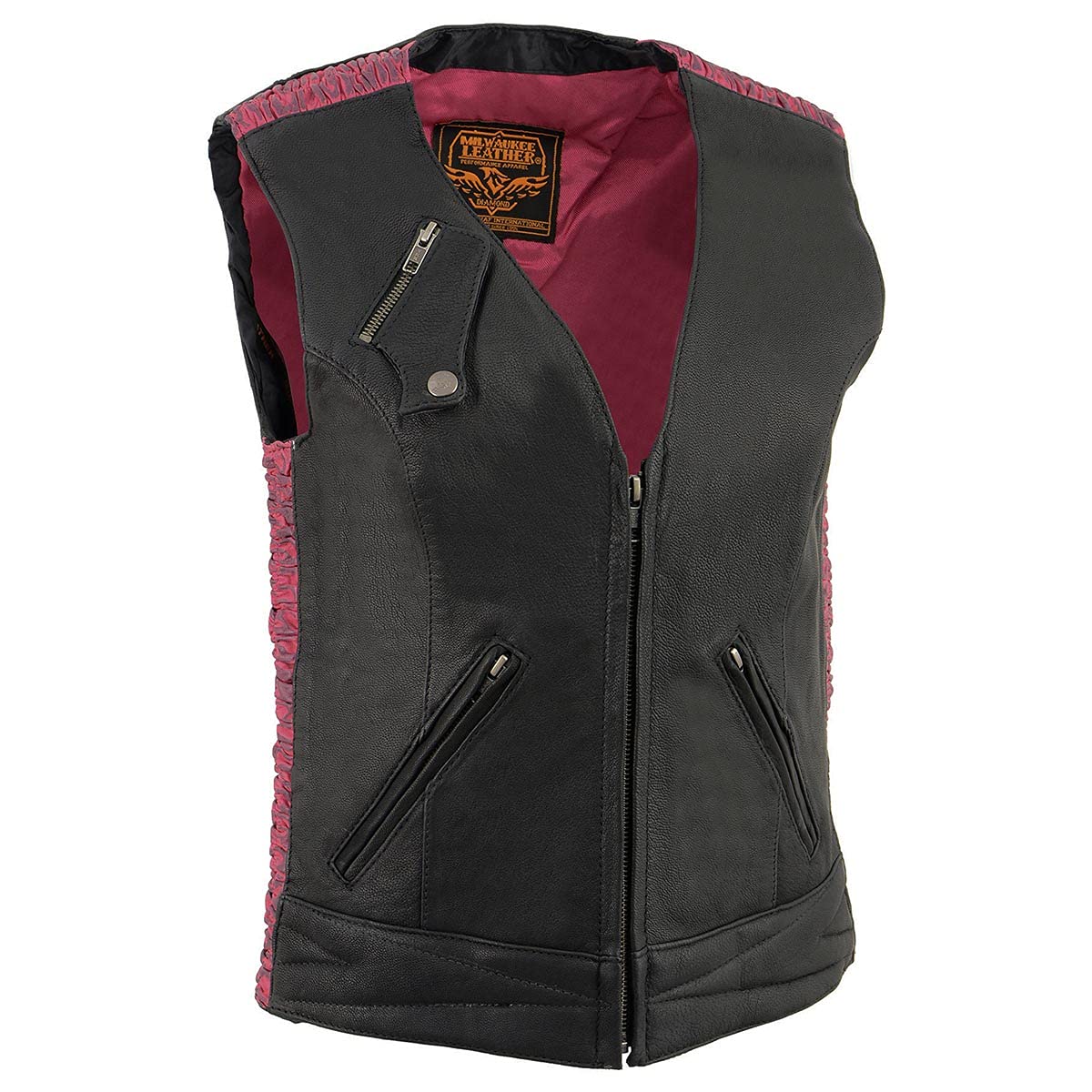 Milwaukee Leather MLL4571 Women's Black and Pink Lightweight Motorcycle Leather Vest w/Crinkled Leather Design - 3X-Large