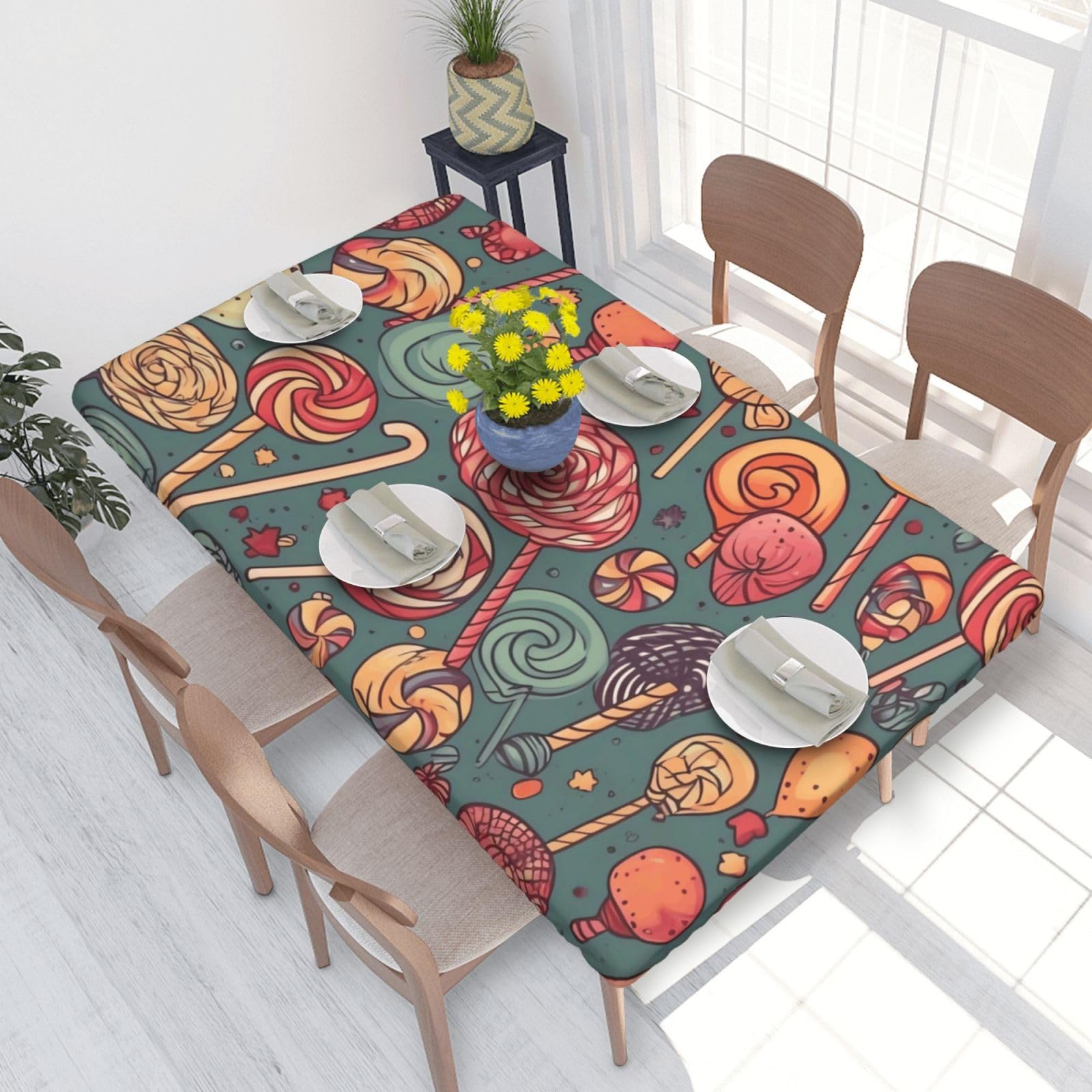 Candy And Lollipops Waterproof Square Table Cover Elastic Fitted Tablecloth Oil Proof Table Protector For 4ft Table