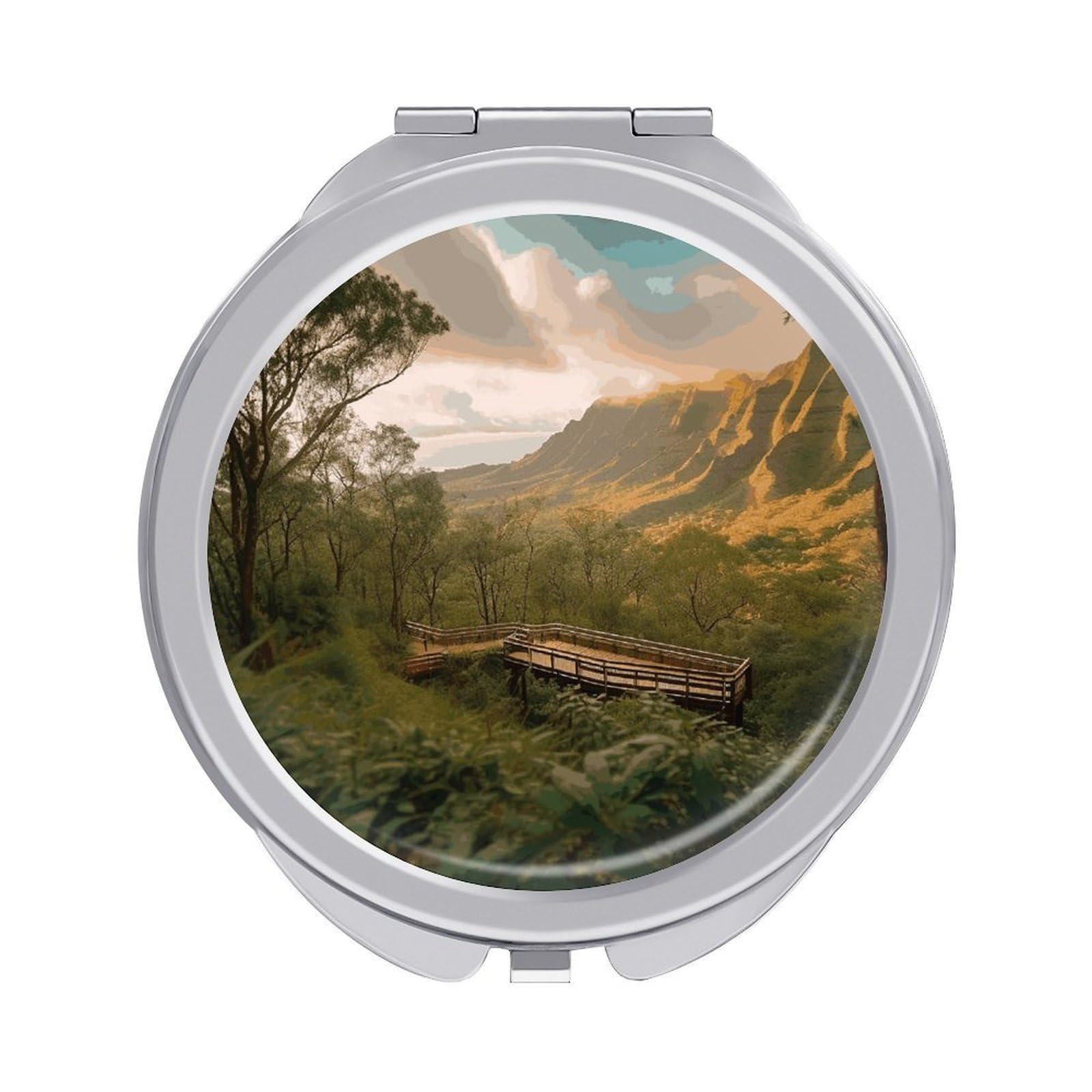 FekiLoot Wilderness Park Travel Makeup Mirror for Women Folding Portable Hand Compact Mirrors Small Round Vanity Mirror 1X/2X Magnifying Metal Pocket Makeup Mirrors