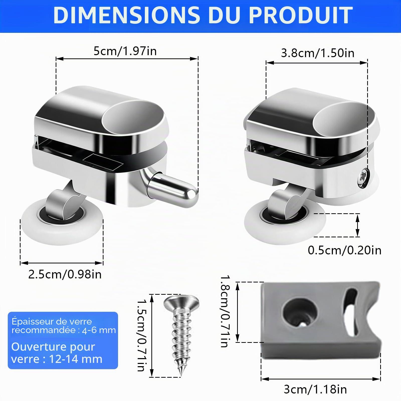 YOUNGSAY 8 PCS Roulette Porte Coulissante Douche 25mm, Silencieux et Durables Roulette Porte de Douche avec Blocs Anti-Collision et Vis pour Portes en Verre de 4 à 6mm (4 en Haut et 4 en Bas)
