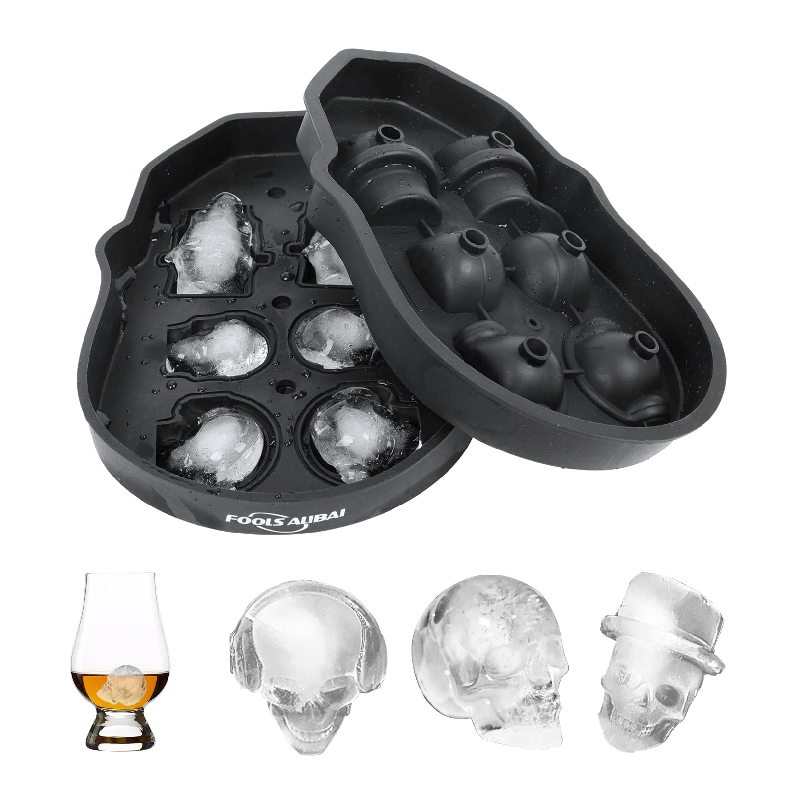 Skull Ice Cube Tray, Flexible Silicone Ice Cube Tray, 8 Cute and Funny Skulls Ice Cube Tray for Whisky, Cocktails and Juice Drinks, with Mini Funnel