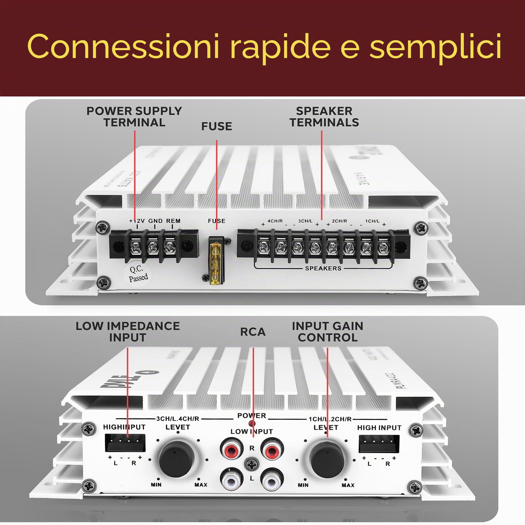 Pyle PLMRA402 - Amplificatore idraulico a 4 canali da 400 Watt, alimentatore doppio MOSFET, controlli livello guadagno, ingresso stereo RCA e indicatore LED
