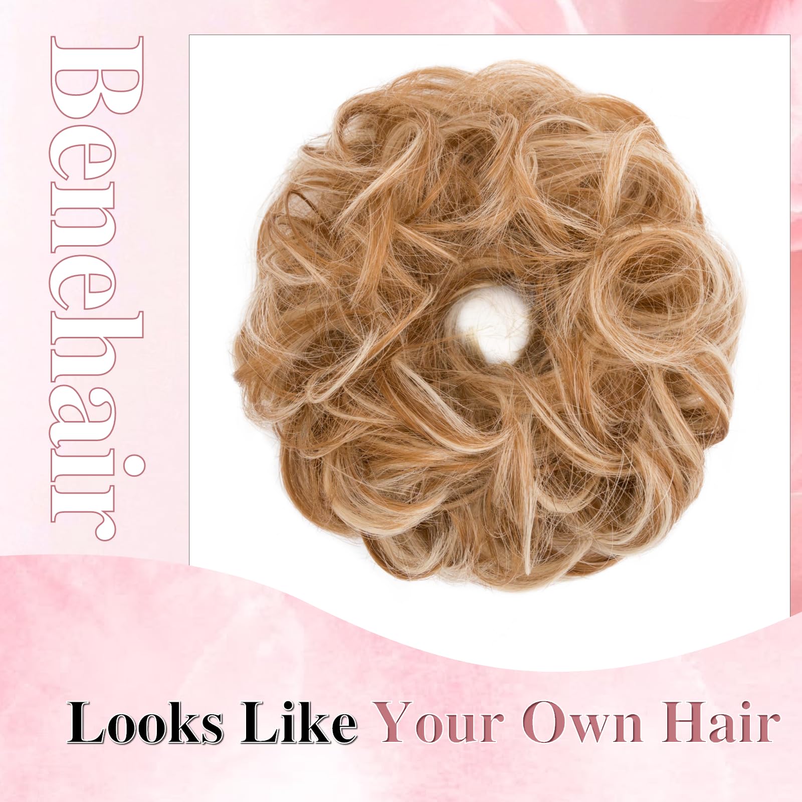 Benehair Messy Bun Hair Piece Curly Wavy Hair Scrunchies Messy Bun Scrunchie Synthetic Donut Updo Hair Pieces for Women Girls (Light Ash Brown & Bleach Blonde - Image 3