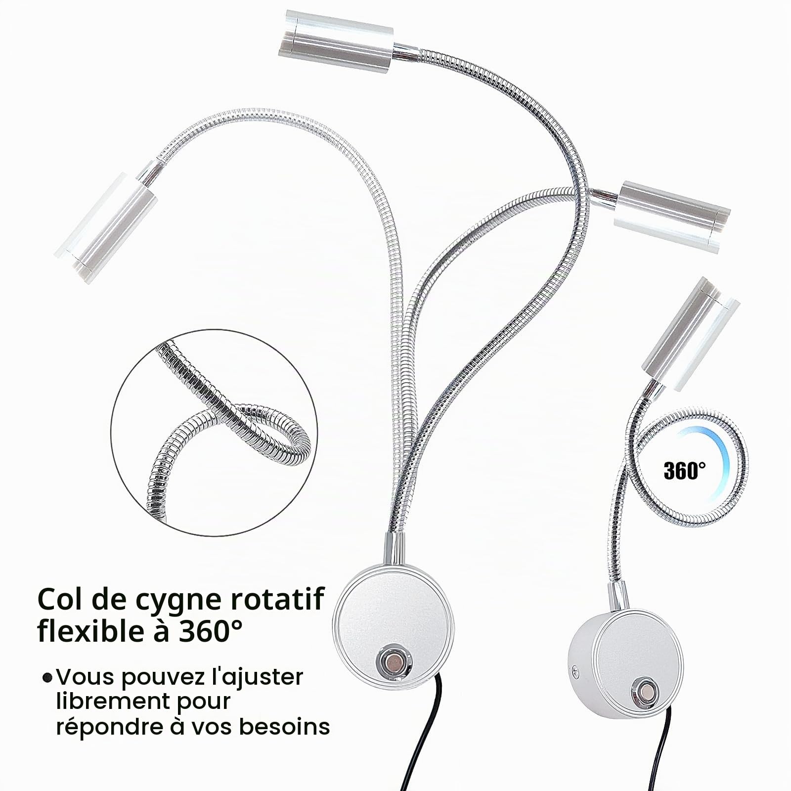 Lampe de Lecture Dimmable Tactile, Lumière Liseuse Murale Intérieur LED avec Interrupteur et Port de Chargement USB 360°Lampe Lit à Col de Cygne Flexible Applique Chevet Chambre avec Adaptateur EU