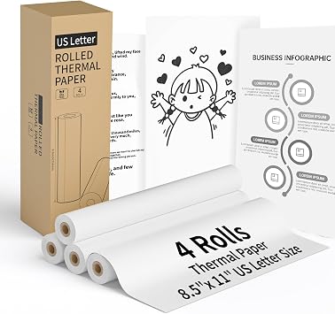 4 Rolls Thermal Printer Paper 8.5" x 11" US Letter Size - High-Efficiency Durable Printing for Picture or Home Work, Printing Contract, Compatible with Most Thermal Printers 100 Sheets / 4 Rolls