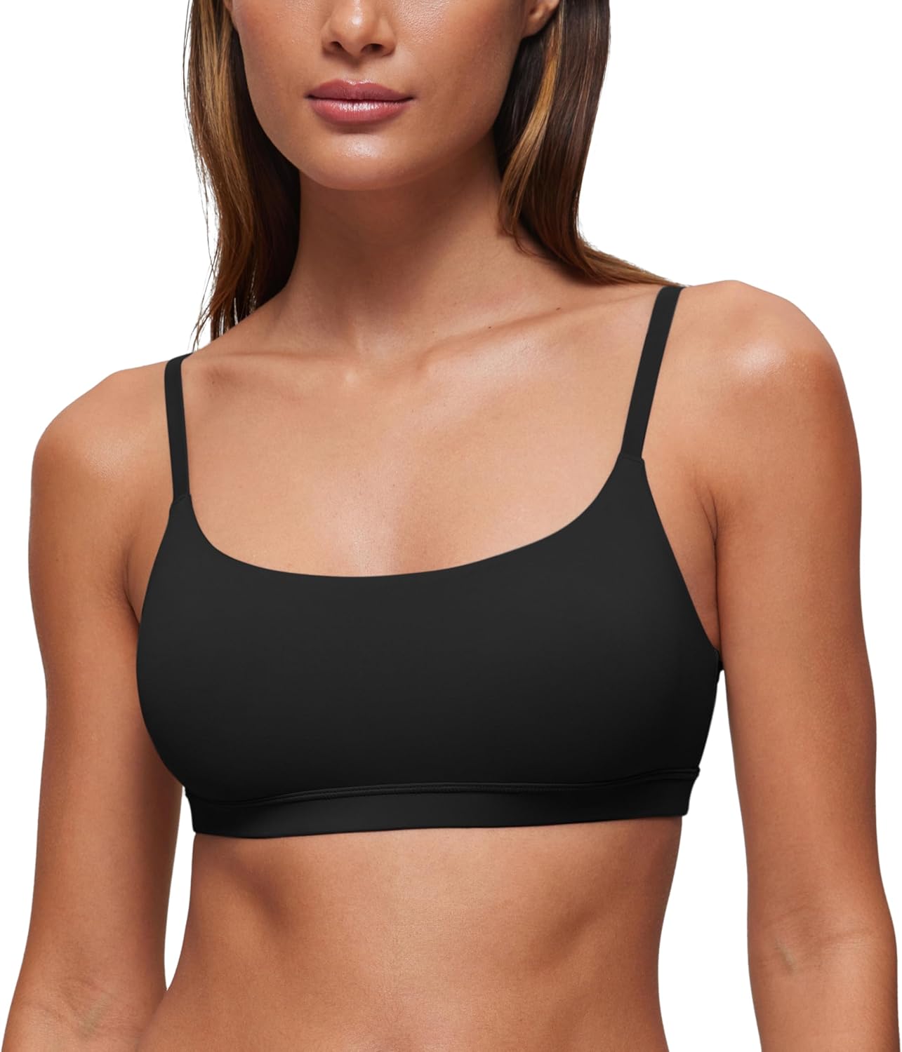 CRZ YOGA Softhold Double Lined Scoop Neck Bralette - Womens Adjustable Straps Cami Wireless Sleep T-Shirt Everyday Bra