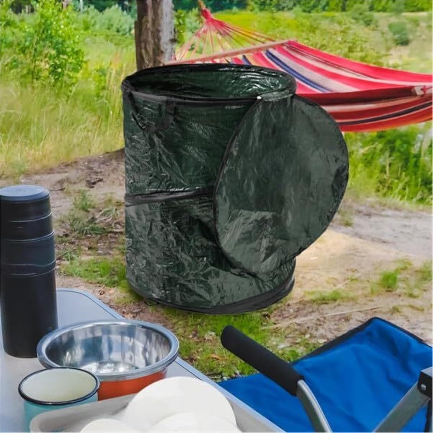 44-Gallon Outdoor Portable Garbage Bag with Zippered Lid for Camping or Parties (Green) Reusable Yard Waste Bags