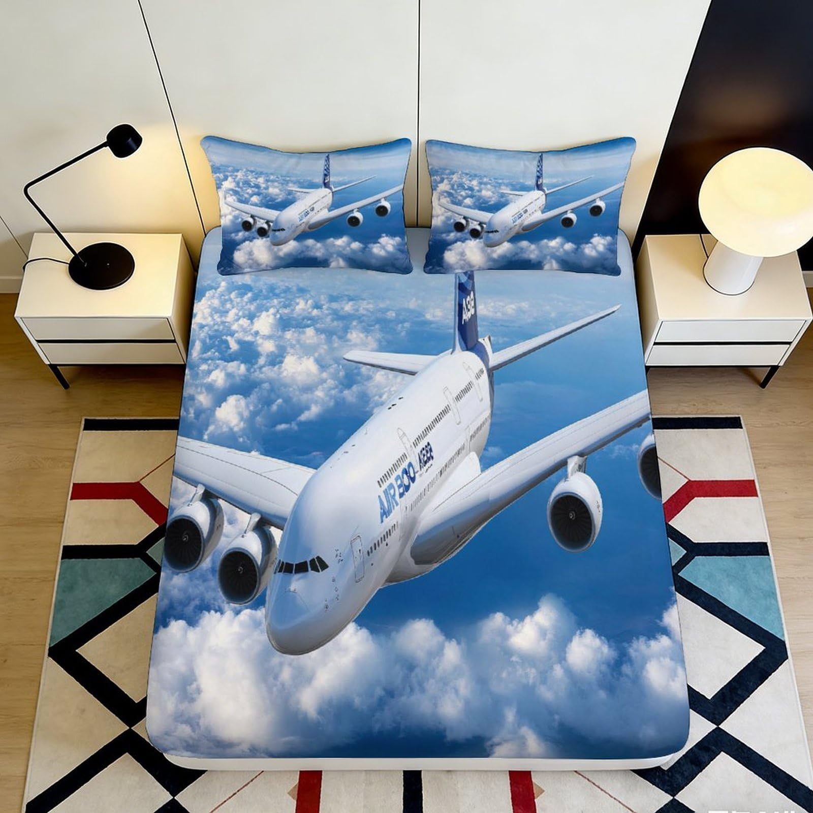 3D Printed Airplane in Clouds Fitted Sheet Microfiber Soft Breathable Sky View Bed Cover for Bedroom Dorm Mattress Protection Decor 120x200x25cm