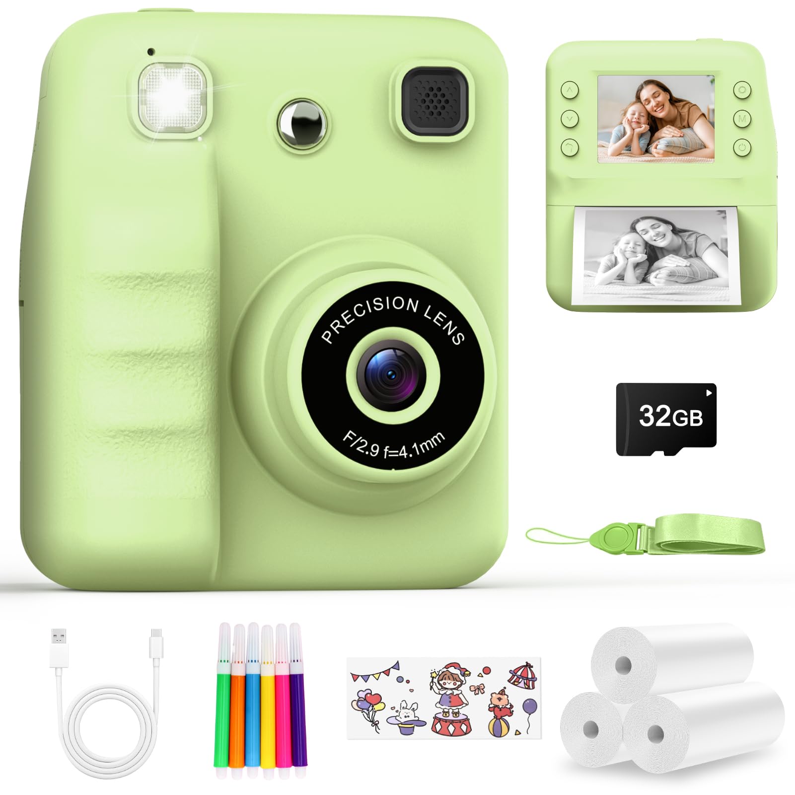 Macchina Fotografica Bambini Istantanea 2.4" HD con 3 Rolls Paper & 32GB | Macchina Fotografica Bambini Regalo Bambino 3-10 Anni Maschio Fotocamera Istantanea Foto & Video & Musica & 5 Giochi Puzzle