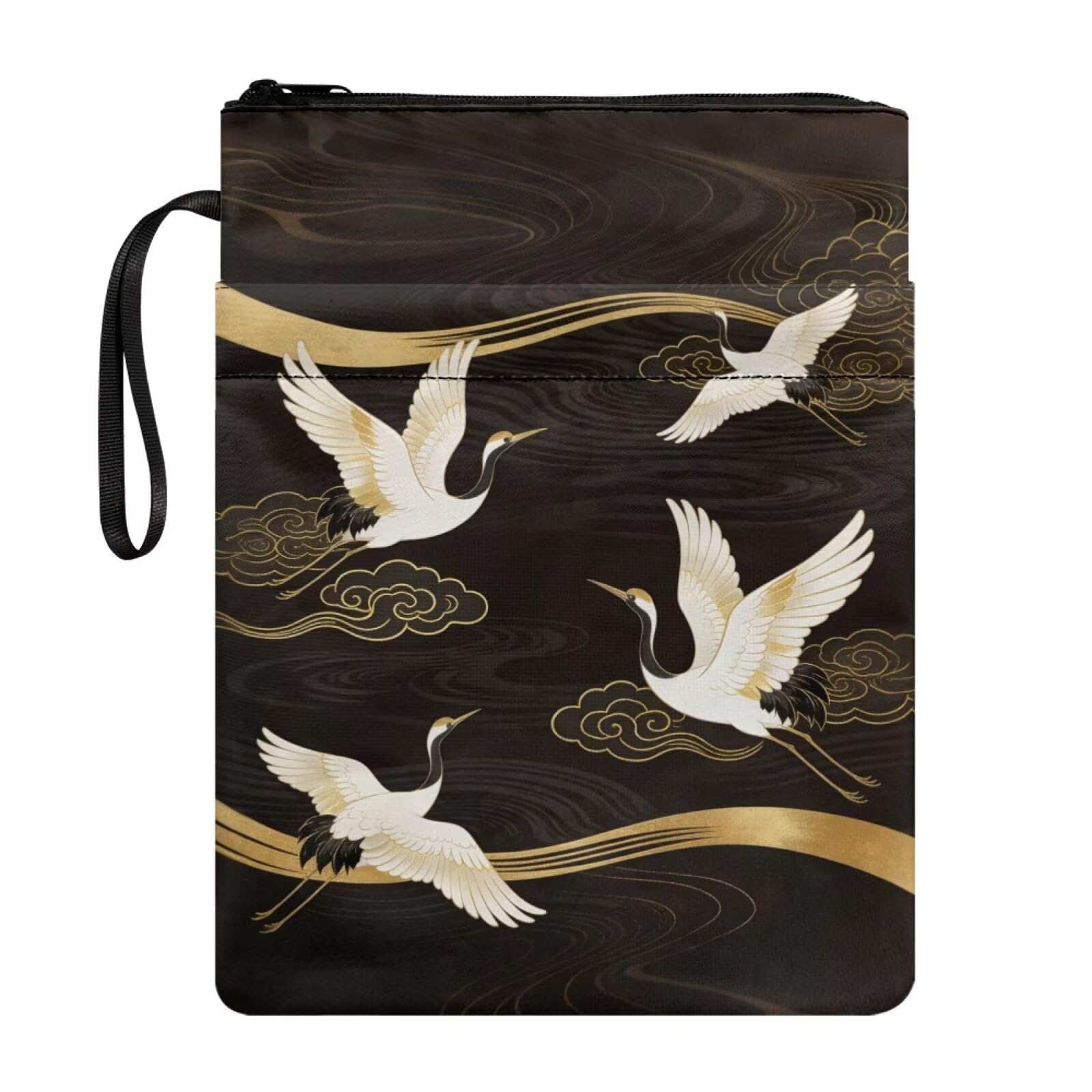 Poceacles Polyester Book Sleeve for Textbooks, Paperbacks, Notebooks, Reading Accessories Book Pouch for Travel School, Oriental Graphic Japanese Crane Black Gold — image 1