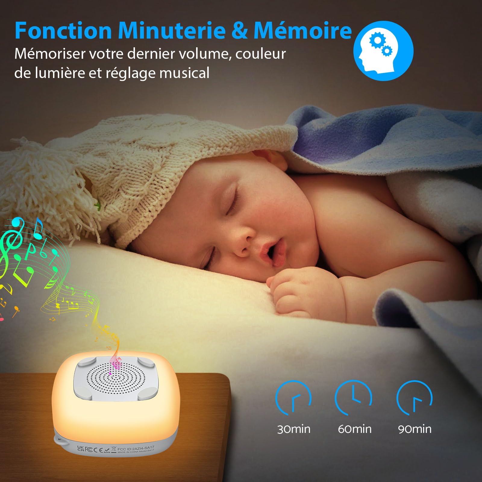 eSynic Mini Veilleuse Bruit Blanc Machine à Sommeil Machine à Bruit Blanc Portable pour Bébé, 30 Sons de Sommeil et 7 Couleurs de Lumière de Nuit pour Bébé