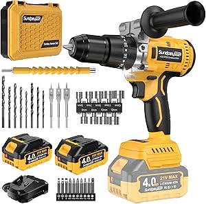 SundpeyPRO Cordless Hammer Drill 1/2″ – 21V Brushless Power Drill Set with 2 x 4.0Ah Battery & 20+3 Torque & 2150RPM Elect…