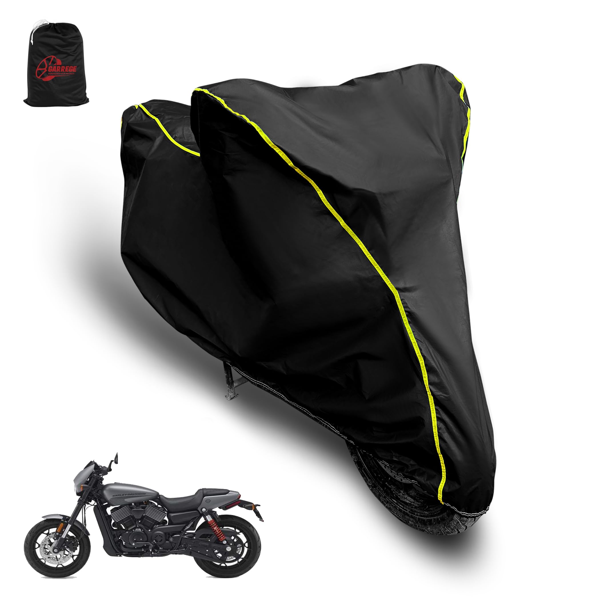 Waterproof Bike Cover for Harley Davidson Street Rod Bike| UV Proof Heat Resistant & All Weather Protection | Black & Yellow Piping Color | Durable & Triple Stitched - Custom Fit Cover