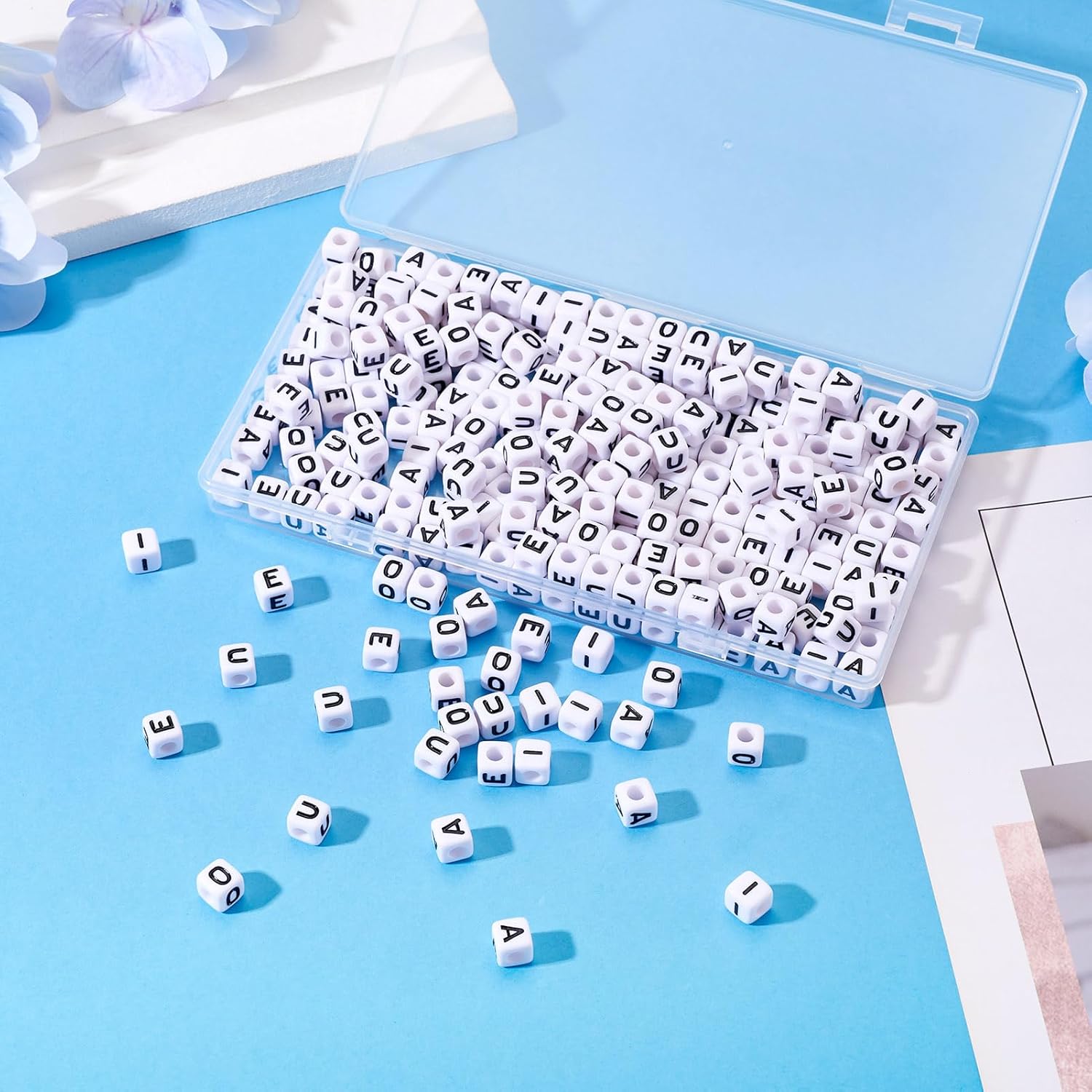 Cheriswelry 300Pcs White Cube Letter Alphabet Beads with Black Vowel Letter Acrylic Square Pony Bead Spacers Large Hole Loose Letter Beads 7-8mm for DIY Jewelry Making Bracelet Necklace Keychain - Image 5