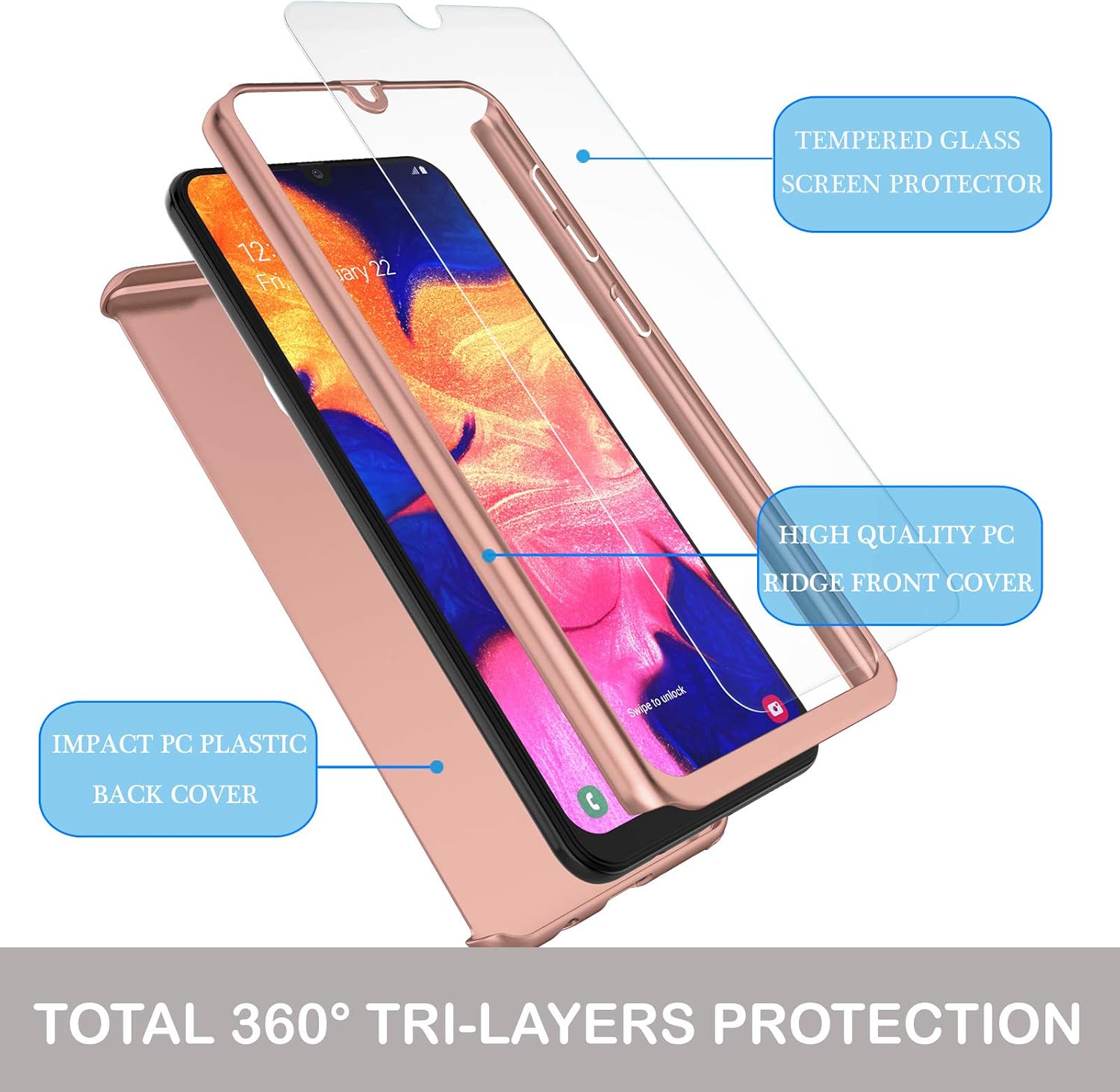 NJJEX Case for Samsung Galaxy A20 / A30, for Galaxy A20/A30 Case W/[Tempered Glass Screen Protector], [N360] 360°All-Around Ultra Thin Full Body Dual Layer Hard Slim Phone Cover -Rose Gold